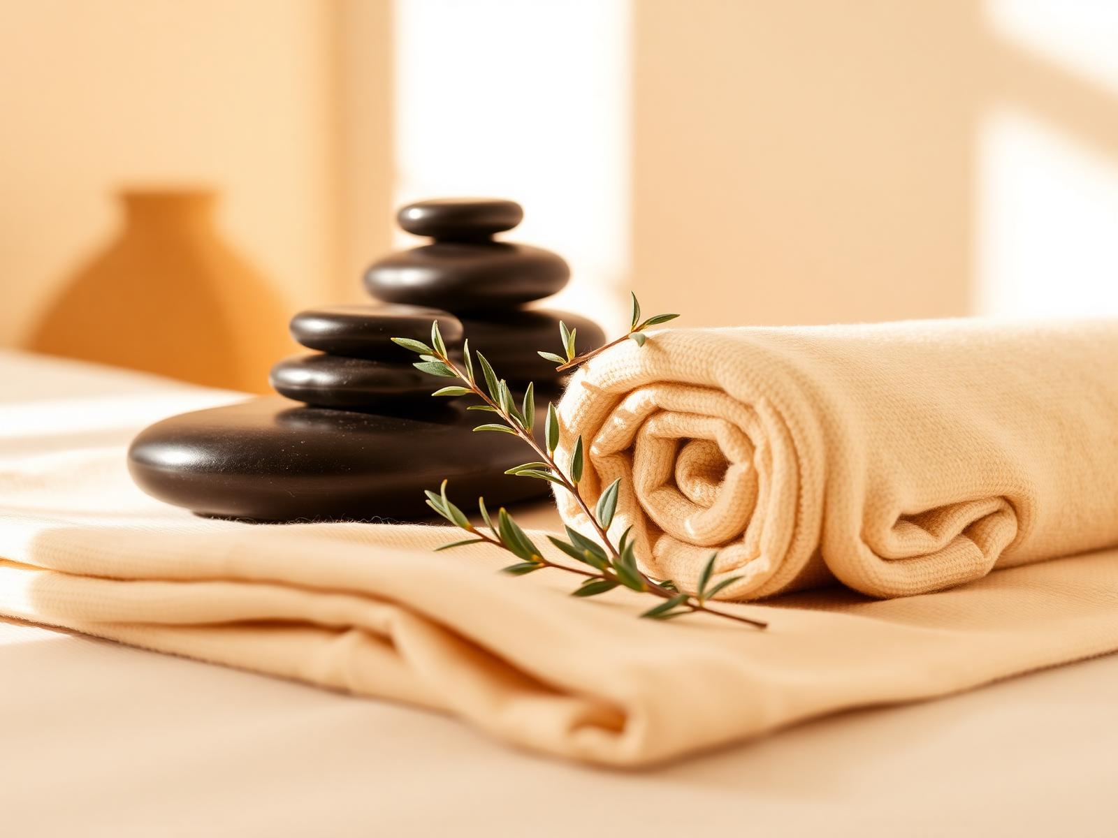Warm cream spa setting with hot stones, rolled towel, and eucalyptus